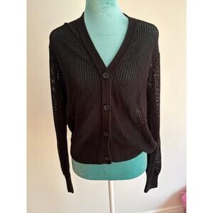 Uniqlo Kids Washable Mesh V-Neck Cardigan Black Linen Blend Crochet US 13Y